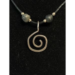 Sterling Spiral Pendant Necklace Lava Beads Leather Cord 14.75"